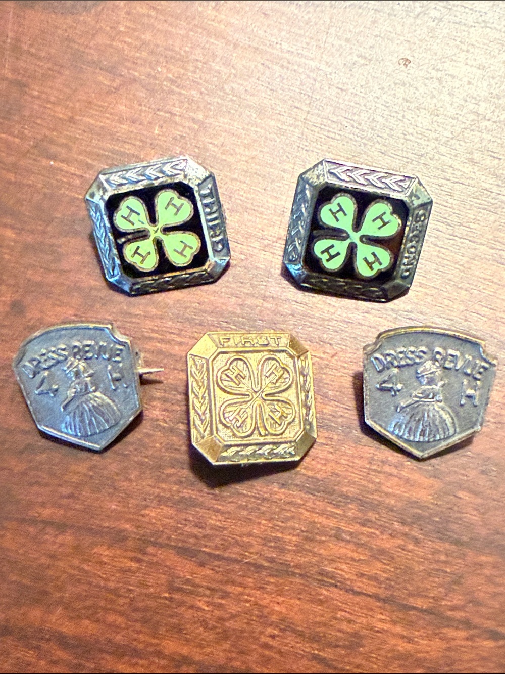 Vintage 50’s 4-H Club Pins — Green Clover Motif; Dress Revue